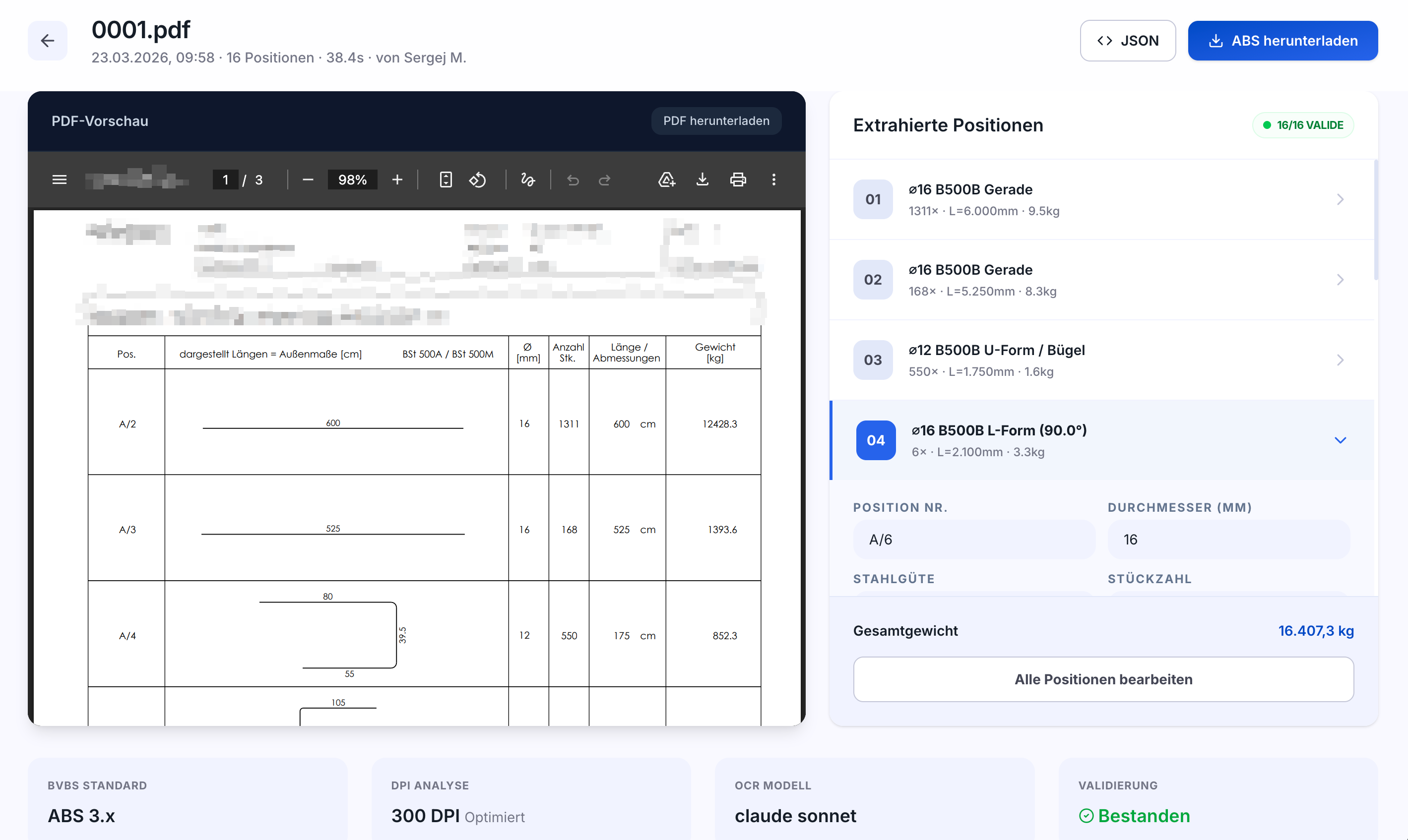 Rebero Detail-Ansicht — PDF-Vorschau und Positionsliste